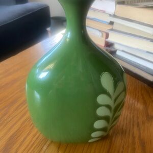 Crate&Barrel Lime Green Bud Vase with Leaf Motif